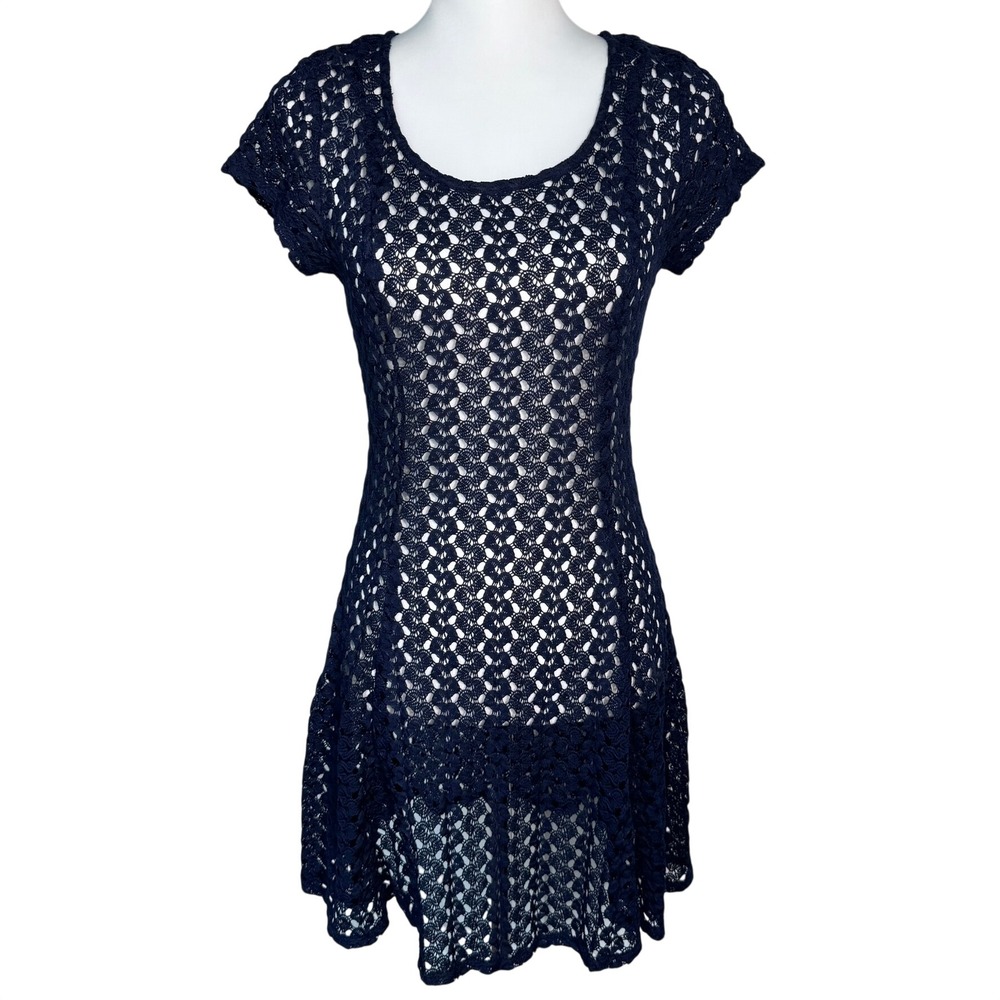 SPEECHLESS Womens Medium Navy Blue Crochet Lace Mini Dress Short Sleeve Cover Up